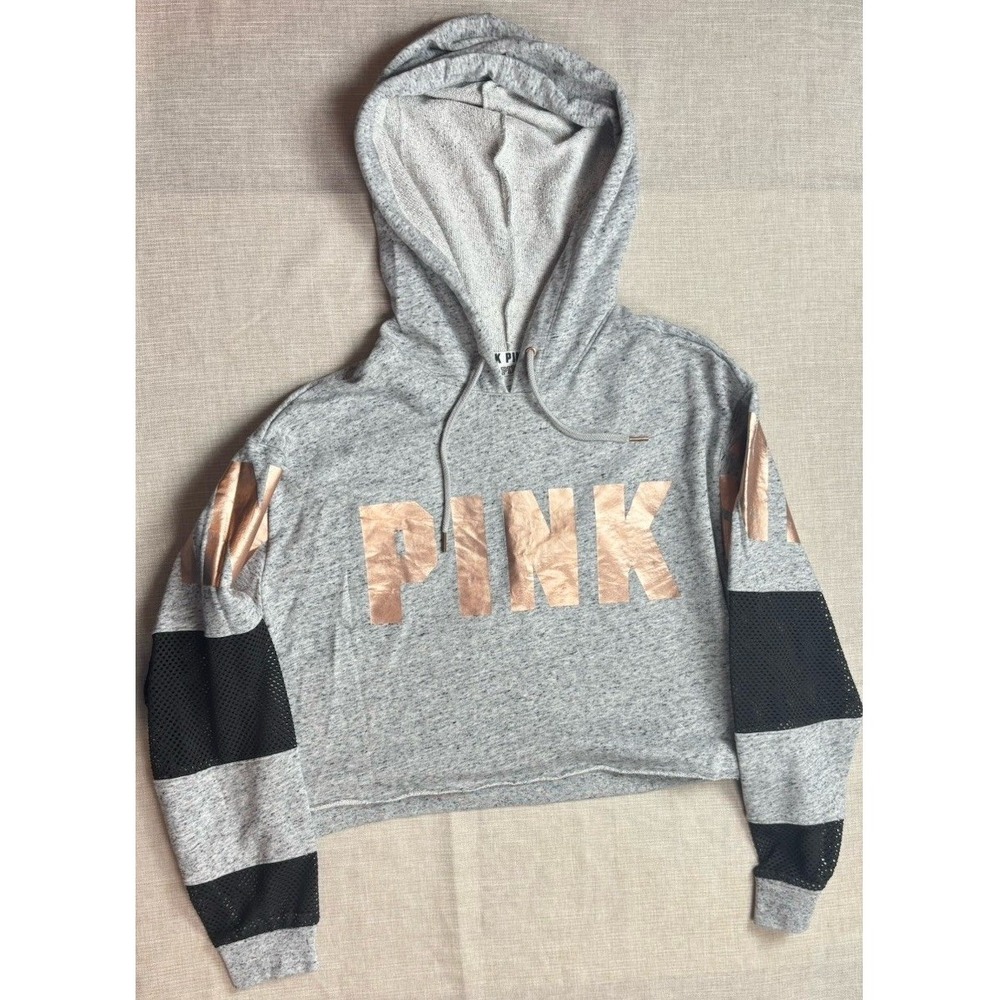 Victoria Secret PINK‎ Hoodie Womens XS Gray Rose Gold Cropped Pullover